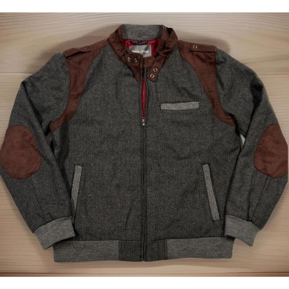 Slate & Stone Poly Wool Blend Jacket Gray Brown Maroon Herringbone Mens S